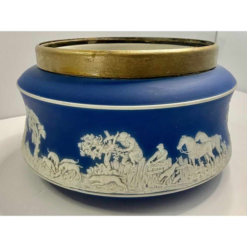 Antique Adams Tunstall Dark Blue Jasperware Bowl Dish Dogs Horses Scene See Pics